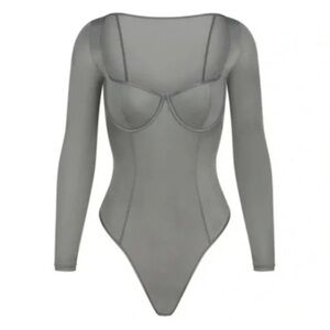 NEW SKIMS LONG SLEEVE GLISSENETTE UNDERWIRE BODYSUIT IN THUNDER SMALL